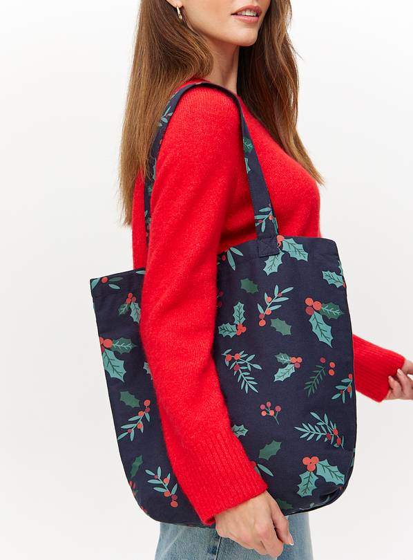 Navy Christmas Holly Printed Tote Bag One Size